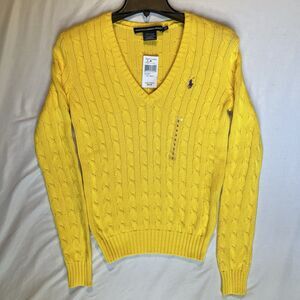NWT Ralph Lauren Sport Yellow Cable Knit V Neck Sweater Womens S Purple Pony VTG